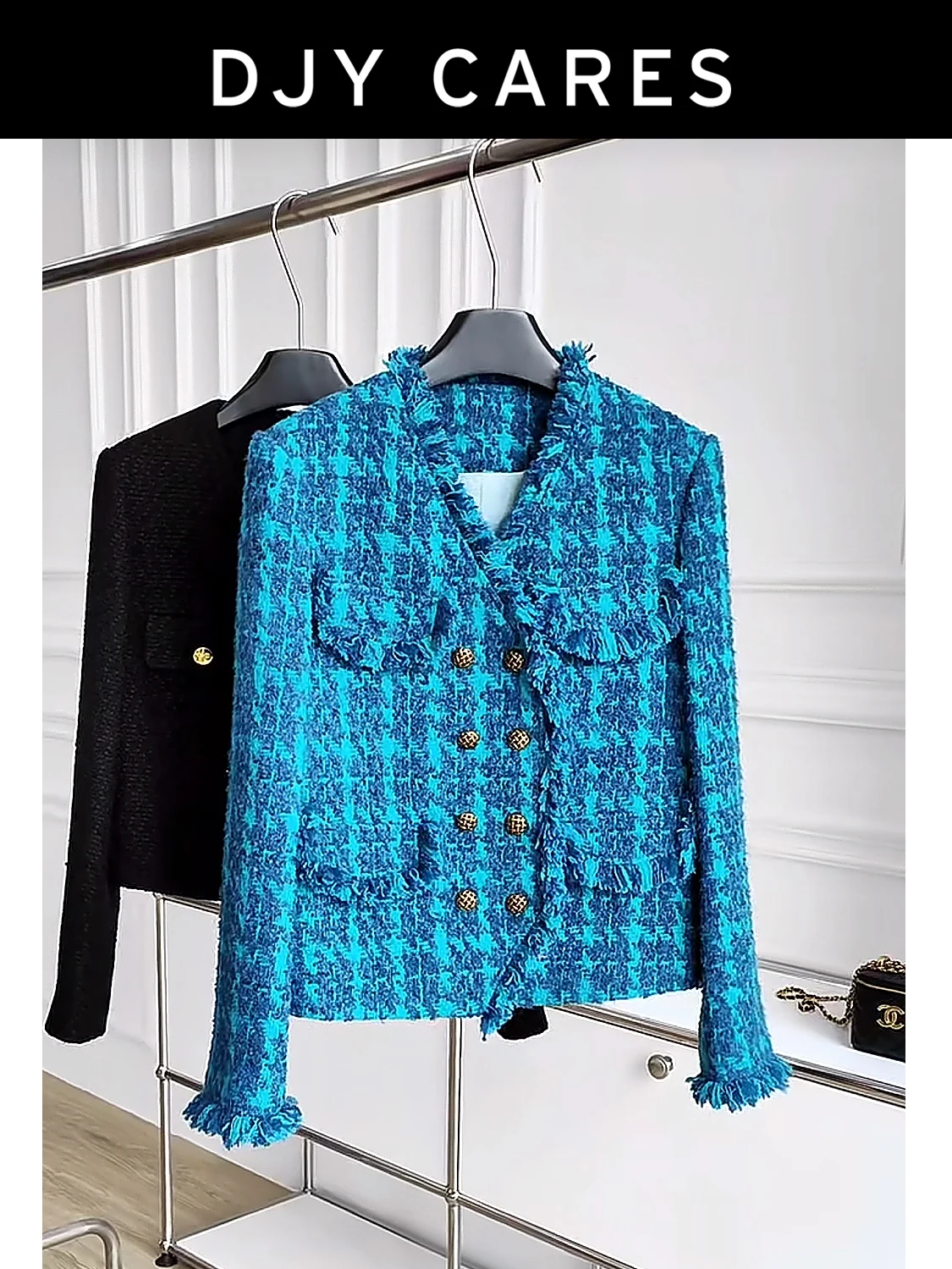 

New Bold woolen retro design blue V-neck jacket with tassel top
