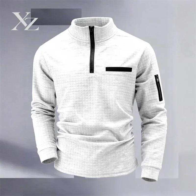 Men's vintage striped athletic polo shirt, slim fit, half-zip, long-sleeved stylish outdoor casual top