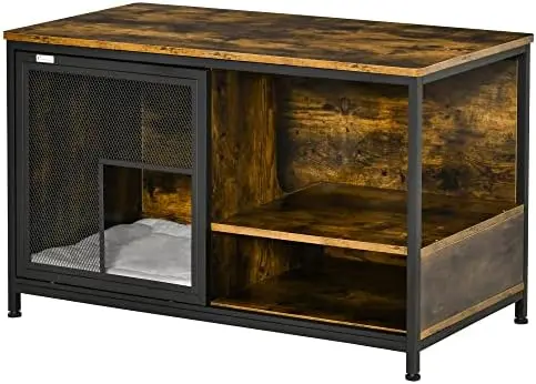 Wooden Cat Crate, Furniture Style Dog Cage, Puppy Kennel Indoor, End Table Pet House with Cushion and Sliding Doors
