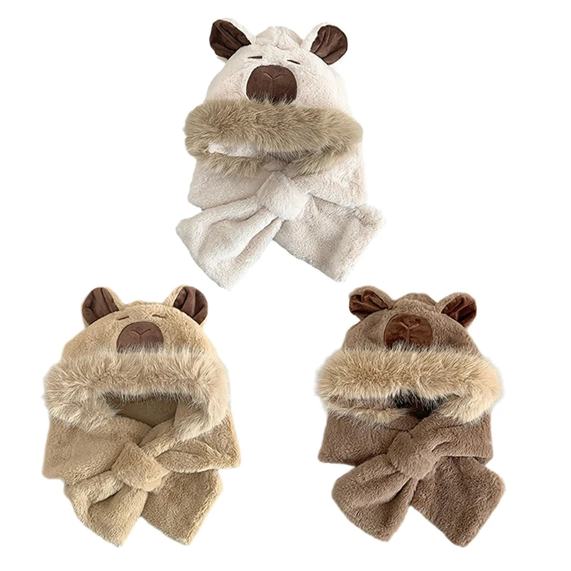 

Cartoon Capybara Scarf Hat for Toddler Integrated Thick Plush Warm Hat Windproof Dropship