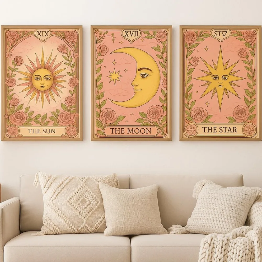 Frameless Sun Moon Star Tarot Card Prints,Mysterious Celestial Art,Digital Download,Ramadan Posters,Living Room Bedroom Decor