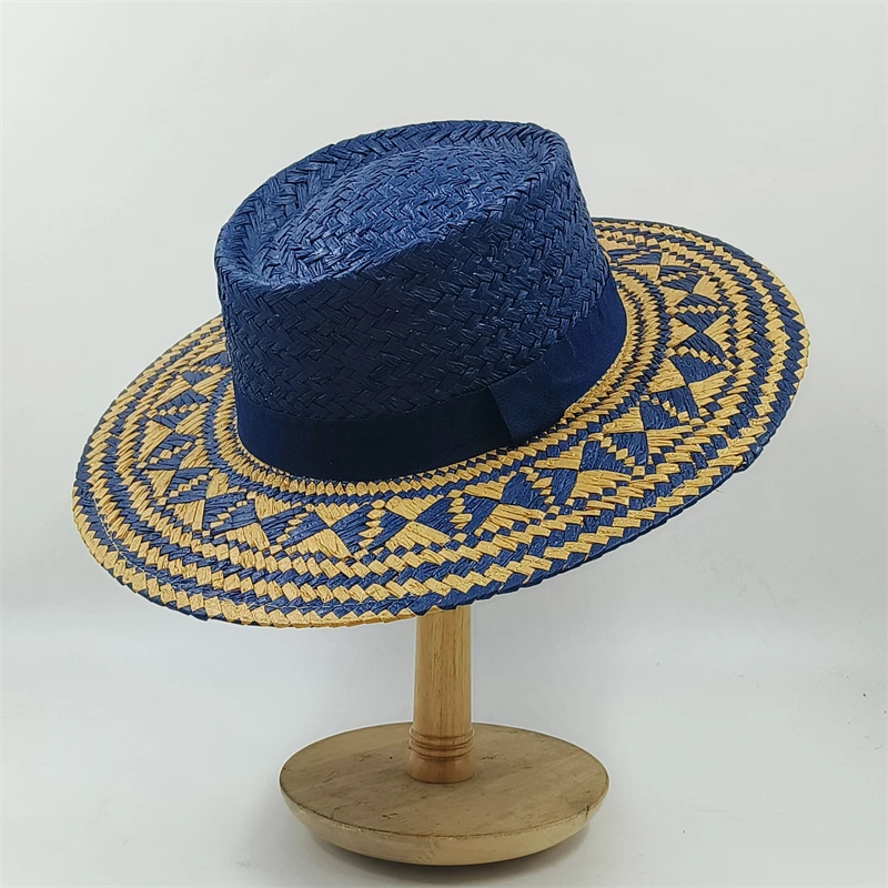 Raffia straw hat for men women Bohemian colorful stitched straw hat vacation sun hat pattern beach summer vacation hat panama