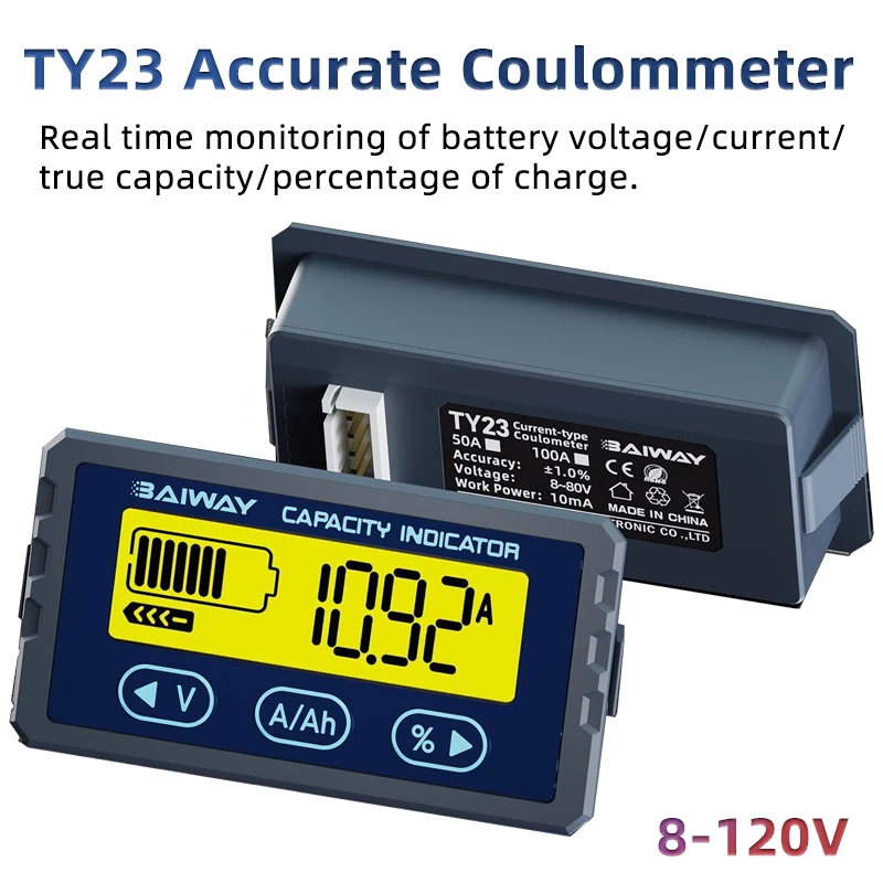 TY23 Batterietester 50A/100A Coulomb-Zähler Meter Batteriekapazitätstester Anzeige Voltmeter Spannung Strom Kapazitätsdetektor