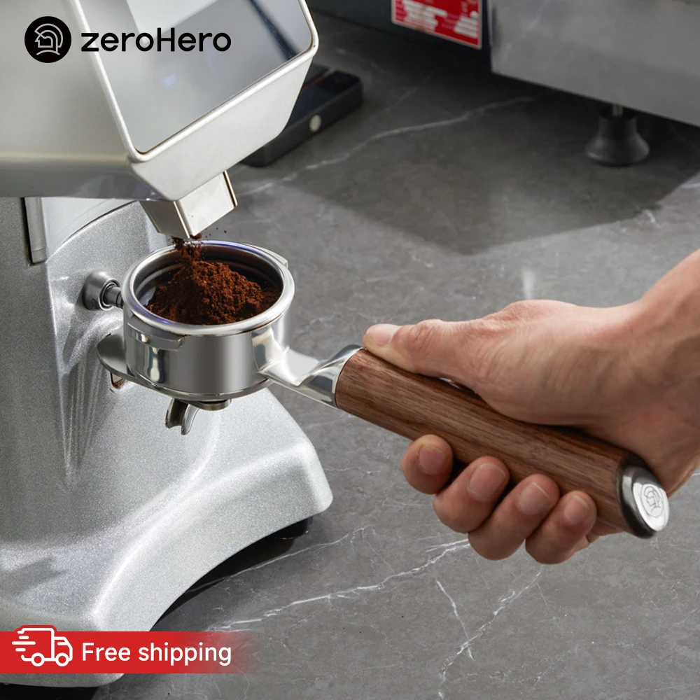 zeroHero Double Spout Portafilter 58mm 304 Steel Wood Handle for Home Barista Commercial Espresso Machine Coffee Shops and Pross