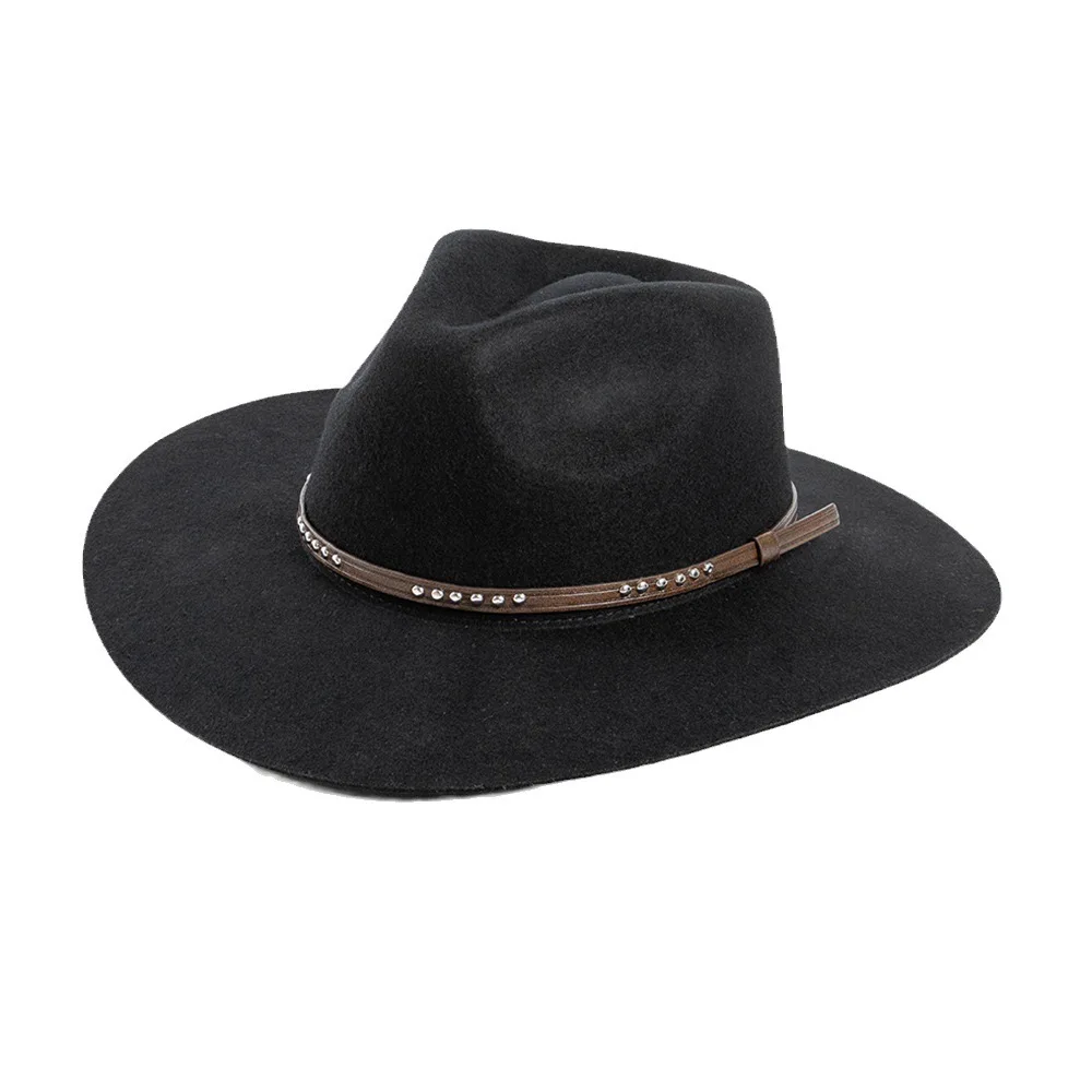 100% Wool Large Head Size Panama Jazz Hats For Men Women Caps Wide Brim Western Cowboy Rivet Decoration Warm Top Hat Fedora cap