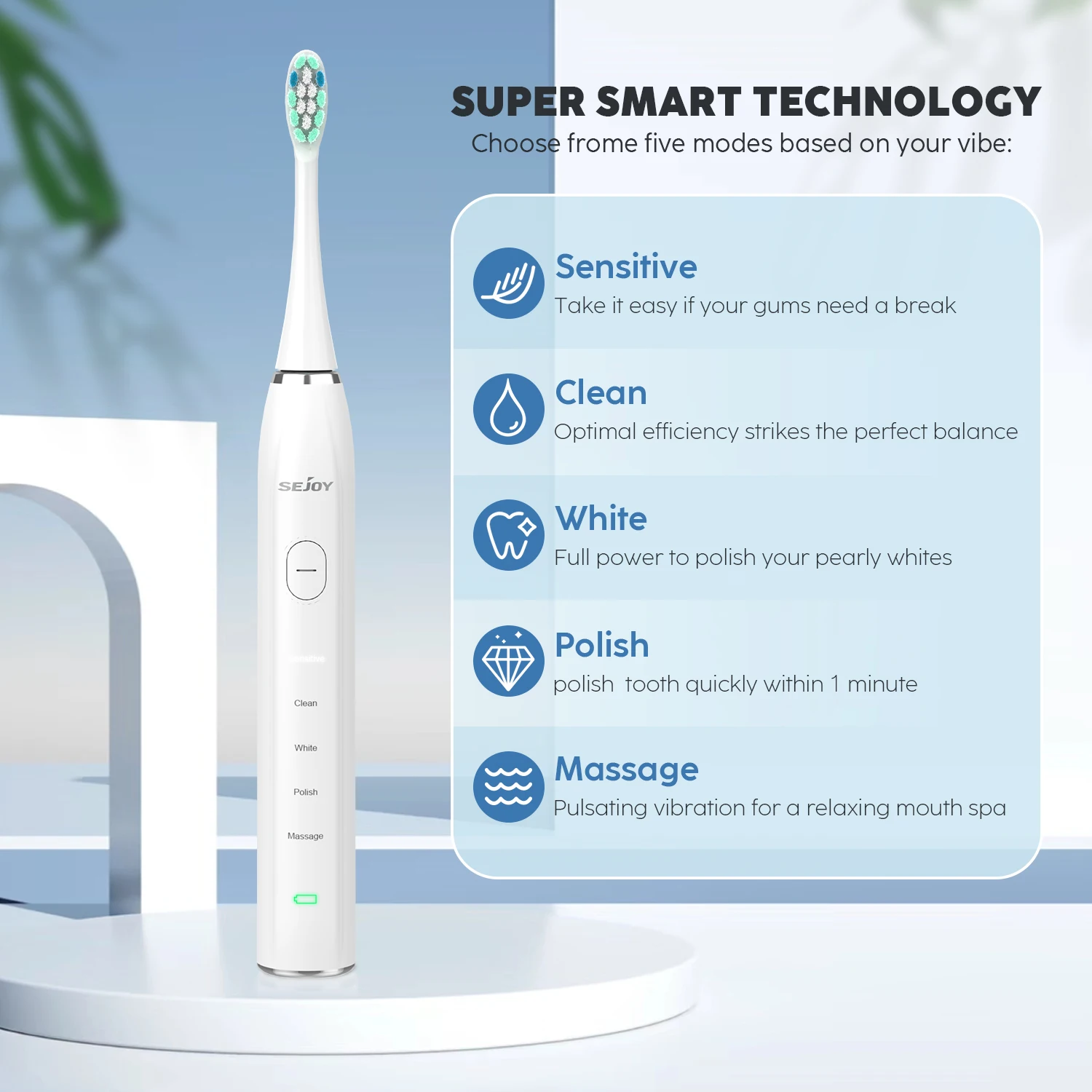 Escova de Dentes Elétrica Inteligente Recarregável, Cabeça Substituição, USB Escova de Dentes, 5 Modos, Limpo, Clareamento, Sonic, 12Pcs