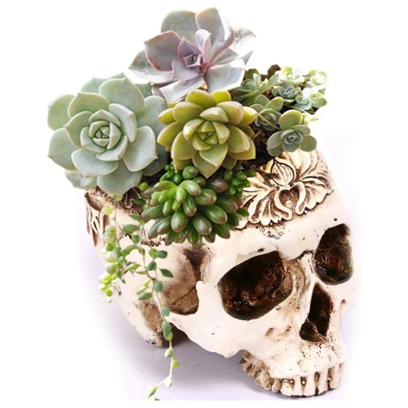 

Resin Skull Planter Flower Succulents Pot Carved Skeleton Flowerpot Sugar Cactus Planter Pots Holder Candy Bowl