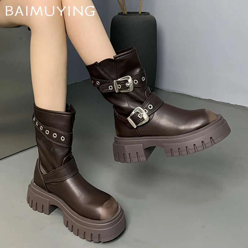 Platform Women Ankle Boots Fashion Leather Buckle Mid Heels Shoes 2025 Trend Chunky Pumps Goth Winter Motorcycle Botas De Mujer