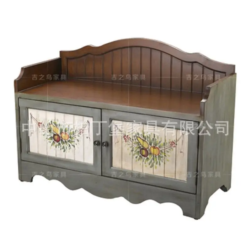 مقعد تغيير الأحذية، خزانة أحذية مدمجة جديدة منحوتة، مقعد تخزين عتيق لبحر الأبيض المتوسط، مقعد مطلي