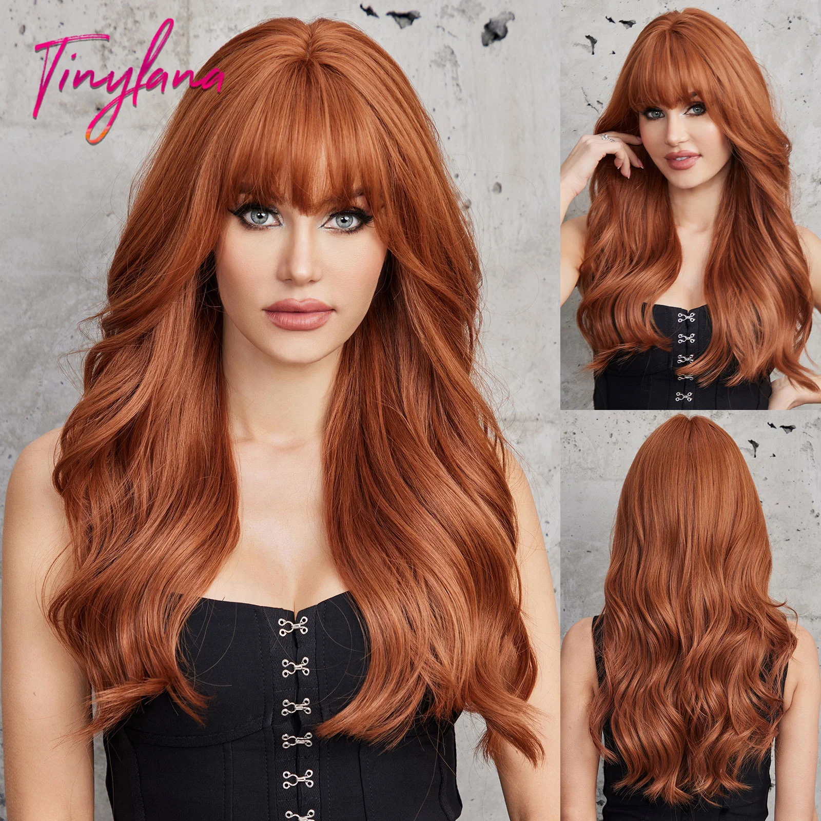 Long Wavy Orange Brown Synthetic Wig with Bangs, Cosplay