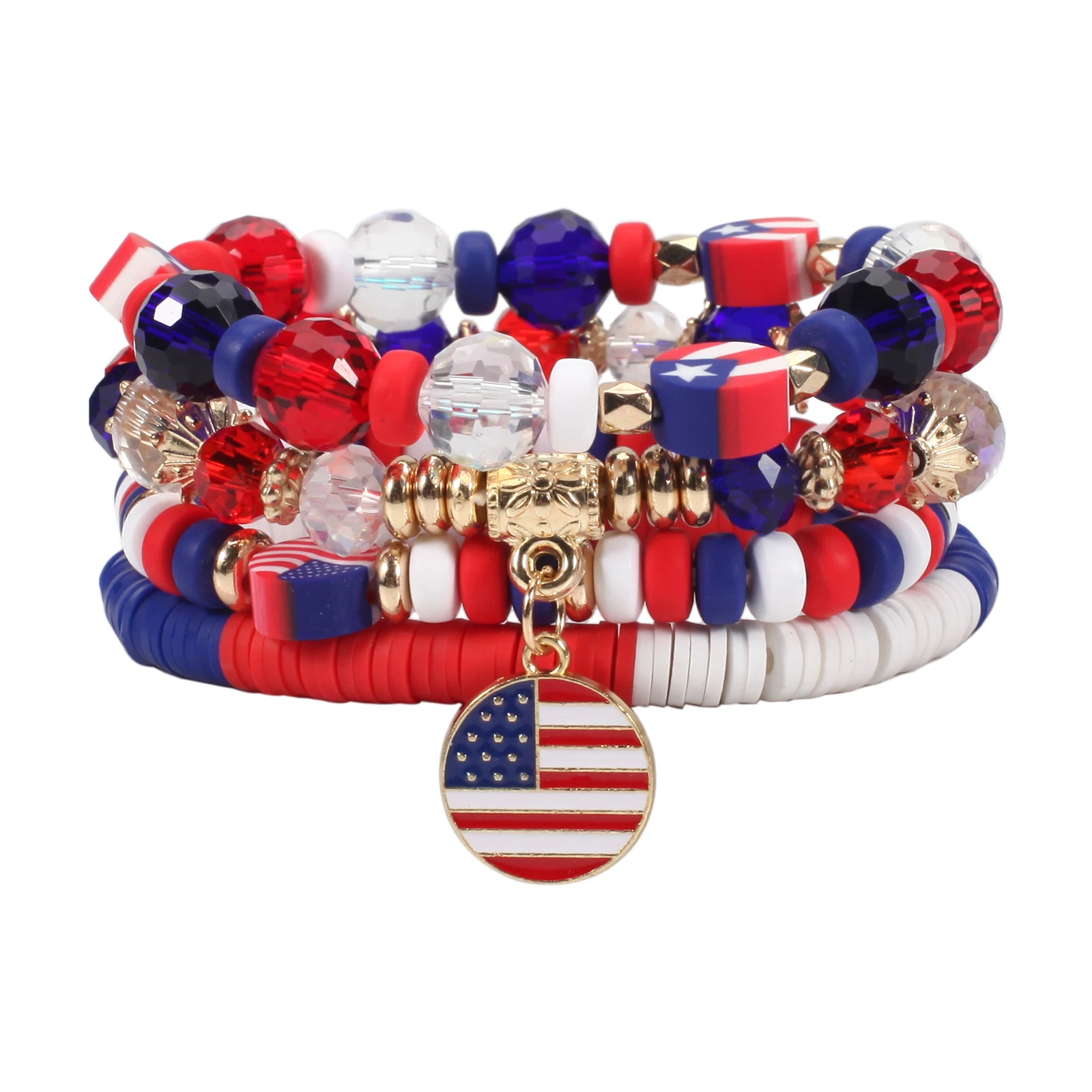 Pulseras apilables con bandera de Estados Unidos para mujeres y niñas, pulsera elástica con cuentas de cristal artificiales Rojas, blancas y azules