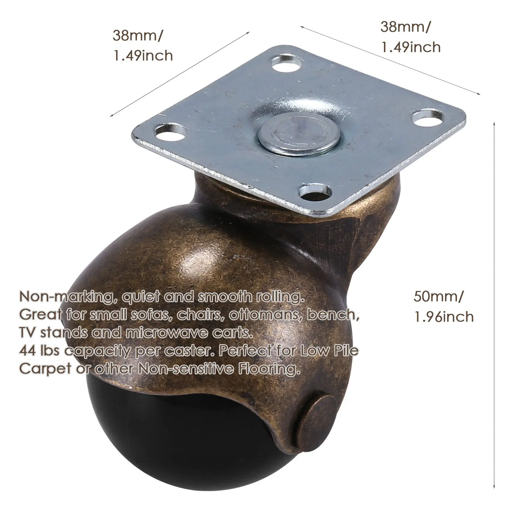 A23E-[4 pacotes] Rodas giratórias com placa superior e bola com capuz, bronze antigo (1,5 polegadas sem freio)