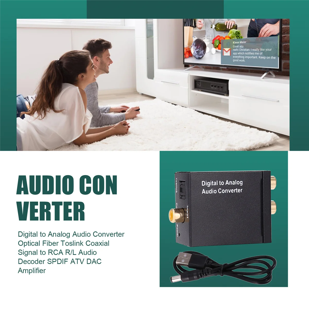 Digital to Analog Audio Converter Optical Fiber Toslink Coaxial Signal to RCA R/L Audio Decoder SPDIF ATV DAC Amplifier