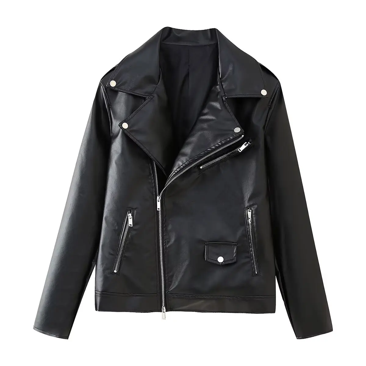 JNLEAOG New Faionable Street-Sle Women's Jaet Zipper Detail Leather-look Coat Long Sve Regular Length Polyester Fiber
