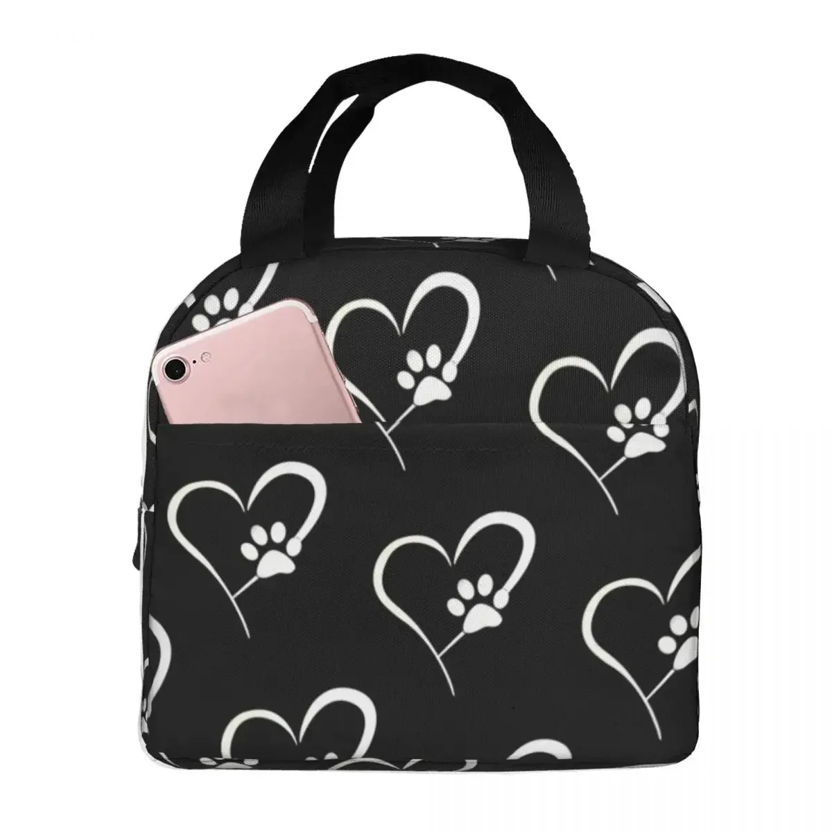 

Dog Paw Heart Lunch Bag Portable Insulated Canvas Cooler Thermal Food School Lunch Box for Women Kids