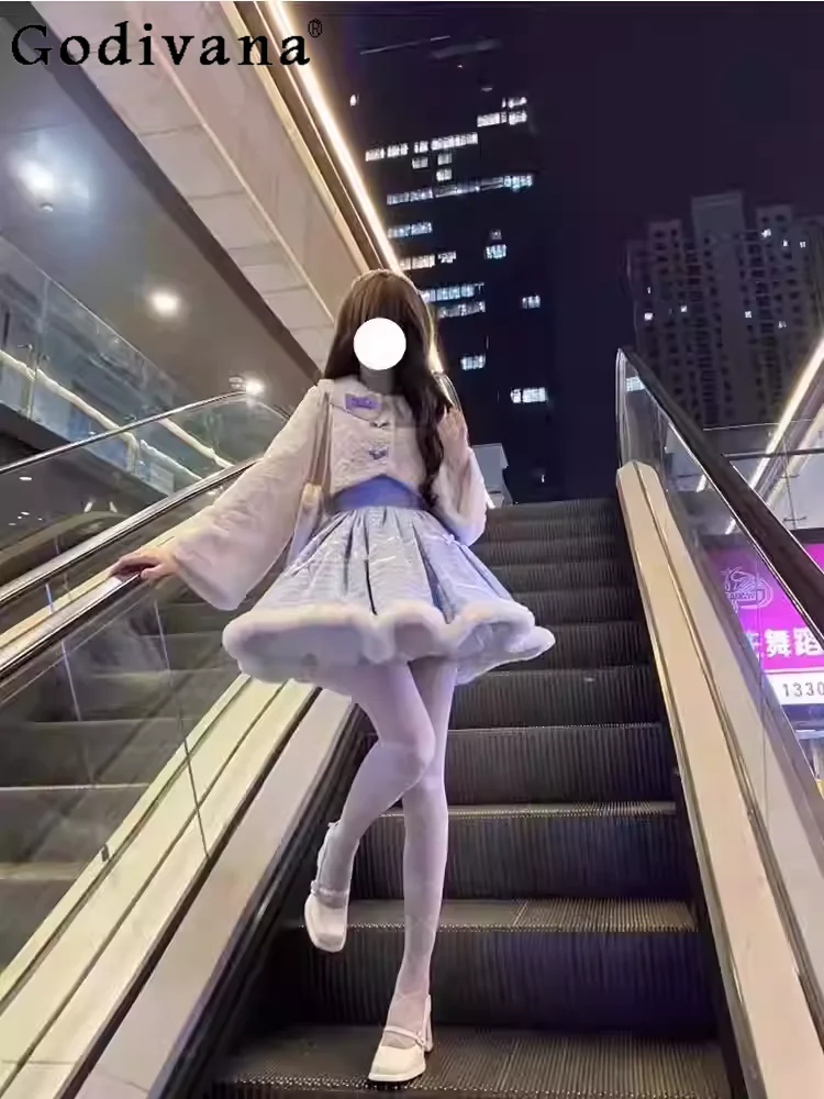 

Autumn Winter Lolita Christmas Long Sleeve Jacket Fashion Versatile Age Reduction High Waist A-lien Princess Dress Two-piece Set