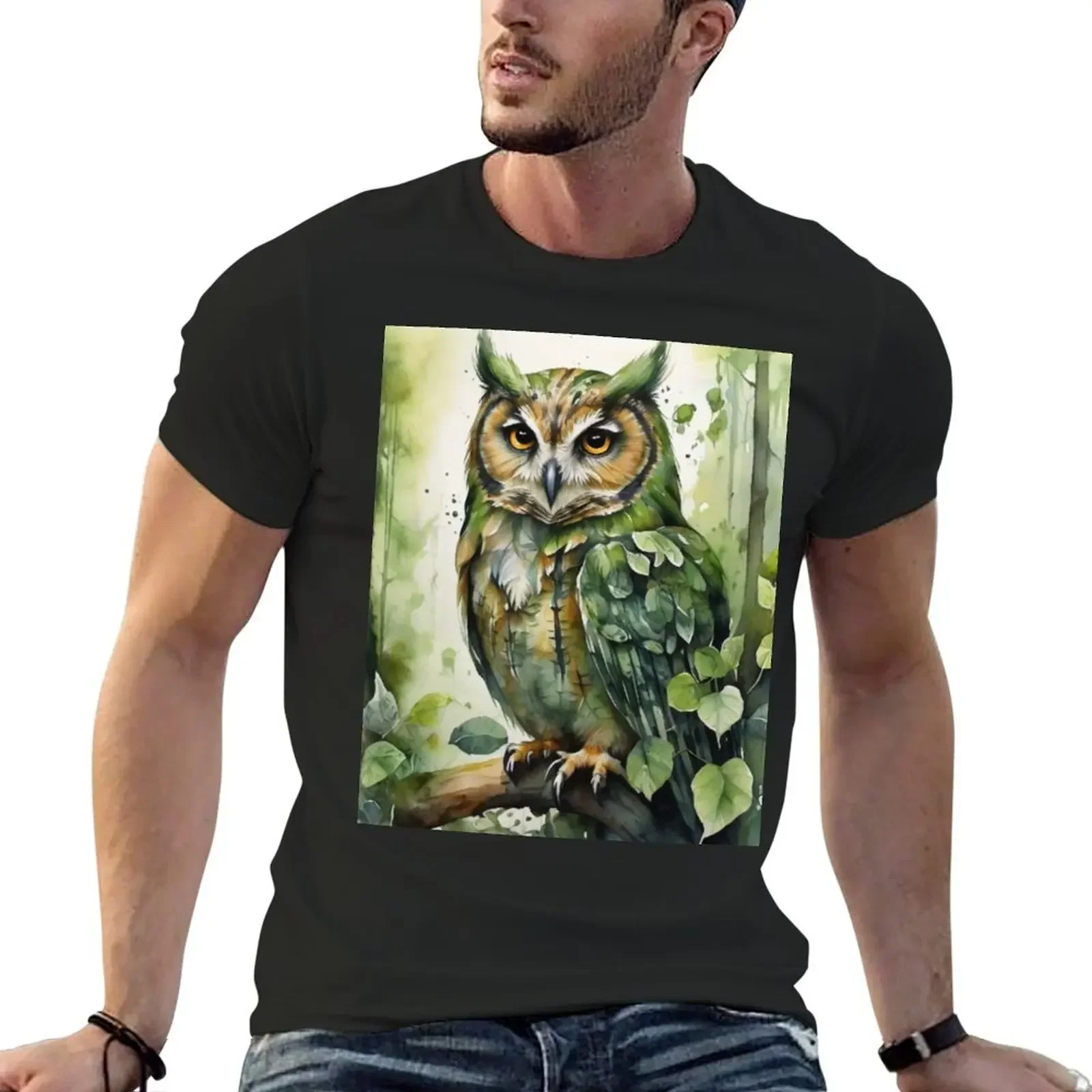 Owl bird in green forest watercolor painting T-Shirt blacks plus sizes basketball graphic tees Men's clothing