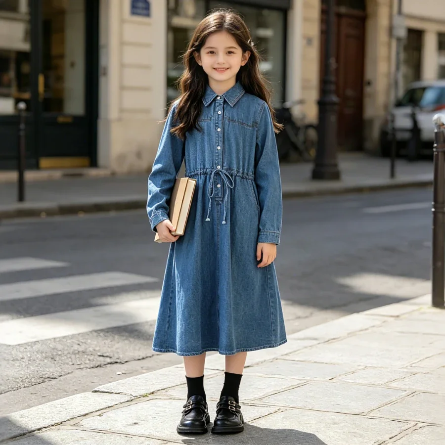 robe-chemise-en-jean-pour-filles-manches-longues-taille-a-cordon-coupe-trapeze-maxi-robe-bleue-pour-l'ecole-le-quotidien-les-vacances-les-sorties-en-plein-air-printemps-automne