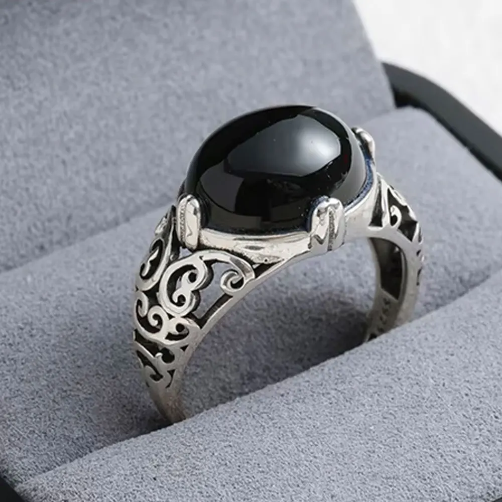 

Adjustable Vintage Style 925 Sterling Silver Ring with 8*10mm Natural Agate, Exquisite Hollow Out Design Jewelry for Women Man