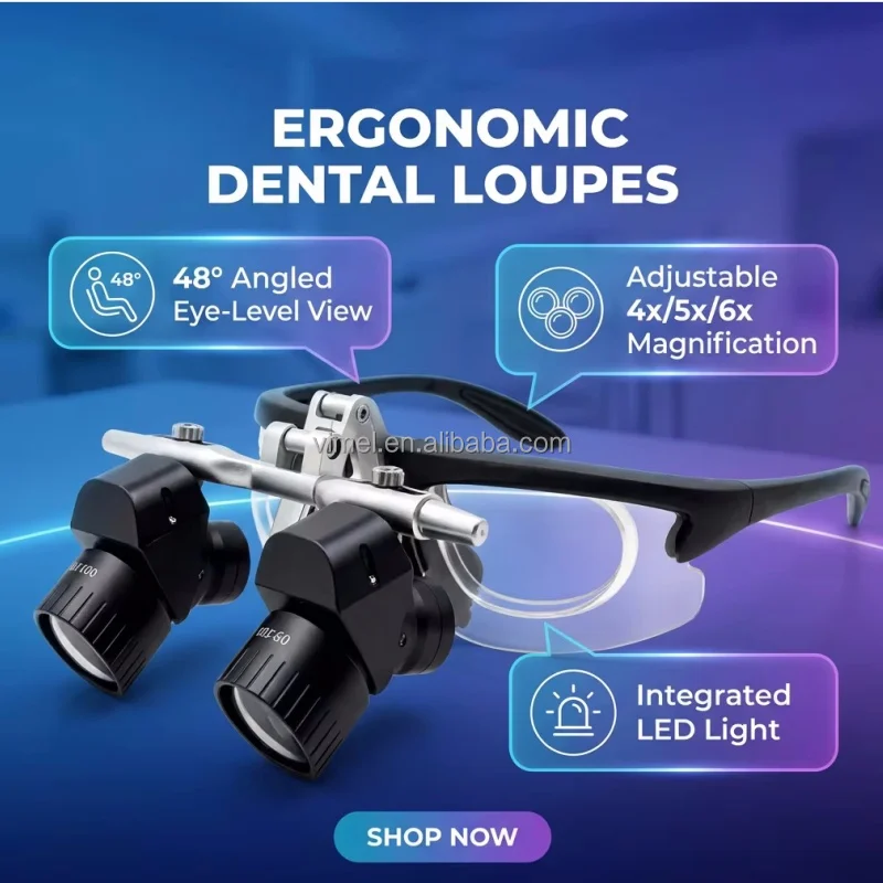 Adjustable 4x/5x/6x Loupes with Portable LED Light 48 Angled Eyelevel View Ergonomic Magnifier for Dentists