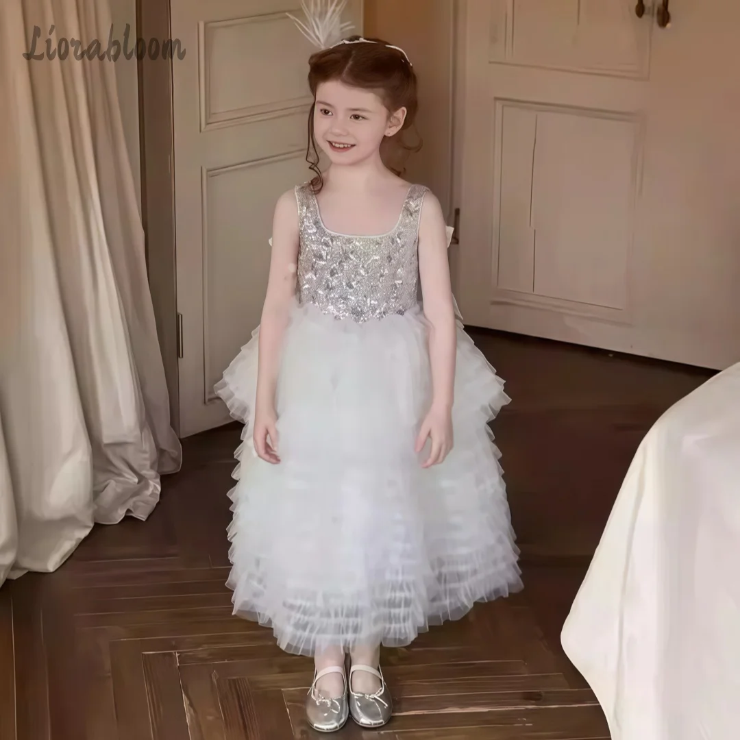 Abito da sera in tulle con paillettes a strati per bambina, abito corto da damigella d'onore, abito da festa, abbigliamento da matrimonio
