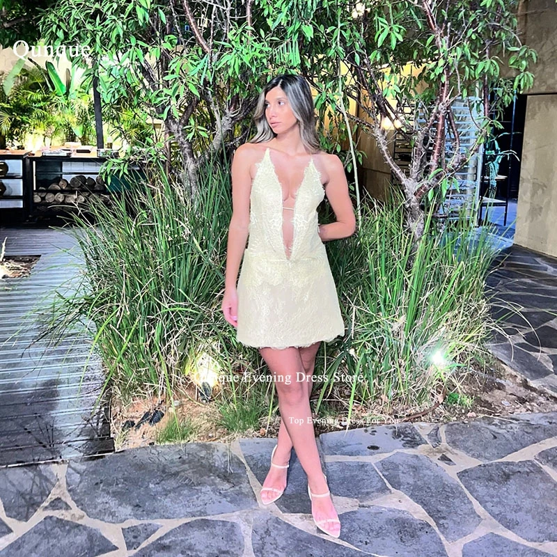 

Qunque Deep V Neck Mini Lace Evening Dresses Elegant Spaghetti Straps A Line Prom Gowns For Special Event Dresses Customized