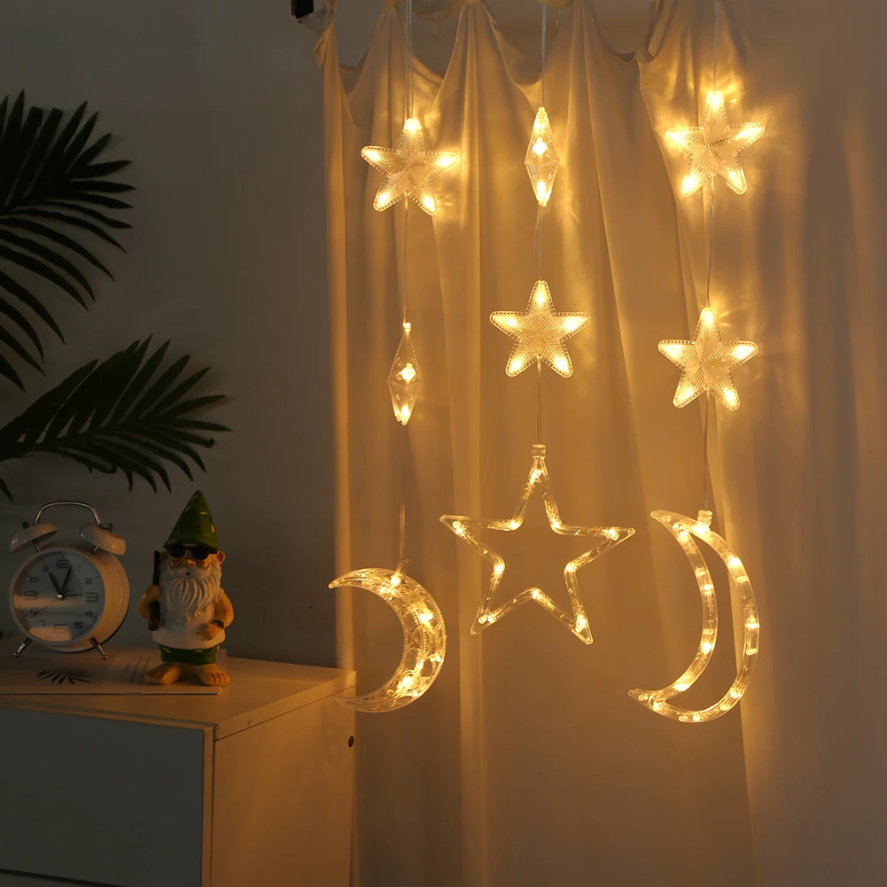 Luz LED colgante de ventana con forma de estrella y Luna, 3 uds., con ventosa, colgante decorativo, telón de fondo, cadena de luces para decoración de Año Nuevo