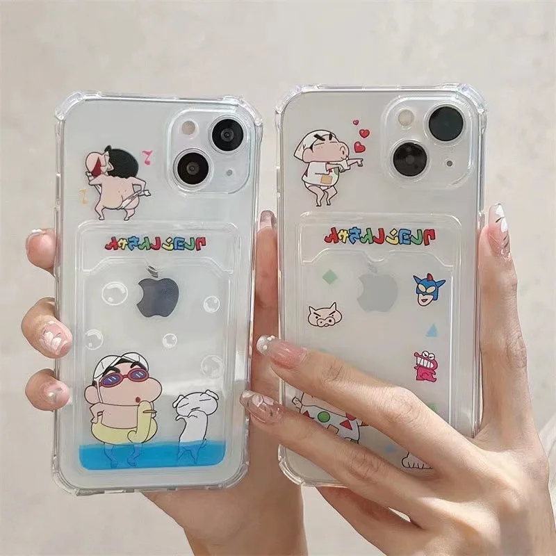 Crayon Shin-Chan iPhone15 Phone Case Kawaii Anime Cartoon 13 14Pro Max Plus Transparent Card Sleeve Phone Protective Shell Gifts