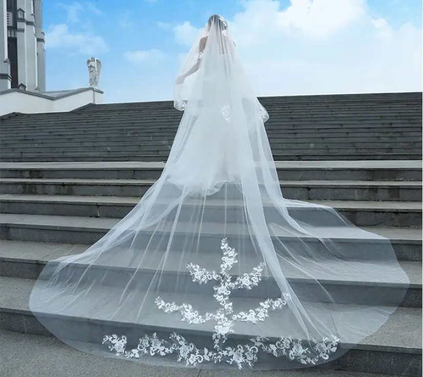 Velo de novia de encaje con peine, accesorio de boda de catedral, blanco, marfil, largo, barato, 5 M, gran oferta, 2022