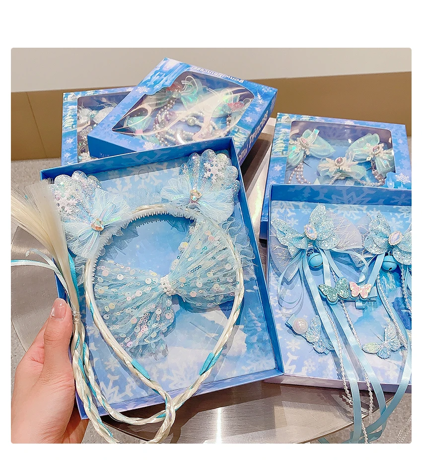 2026 Eisblau Schneeflocken-Prinzessin Mädchen Haarschmuck-Set Tüllschleife Langes Band Glitzernde Haarspangen für Kleinkind-Mädchen – Detail 1