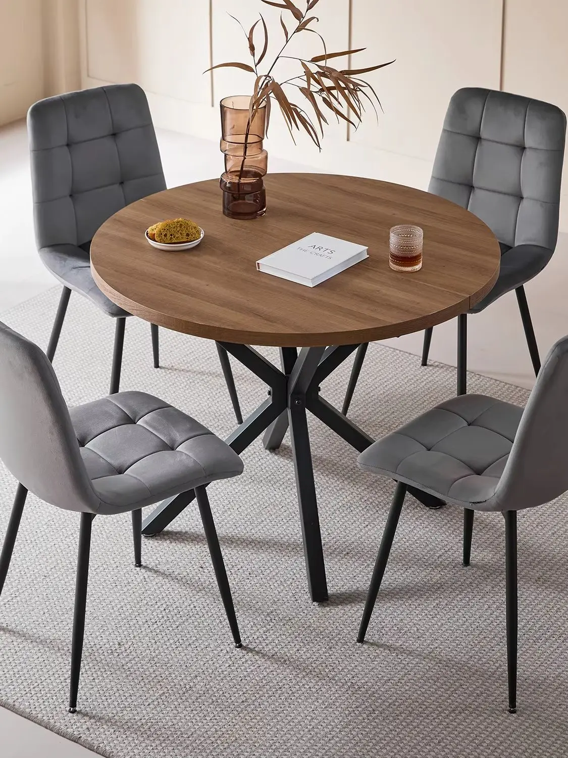 GrandCA HOME 4x chaises de salle à manger en velours + table de salle à manger ronde, ensemble de table de salle à manger ronde de 100 cm avec chaises rembourrées pour le salon