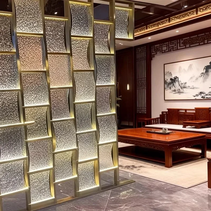 Stainless steel partition art hot melt glass screen hotel lobby curved acrylic entrance background wall