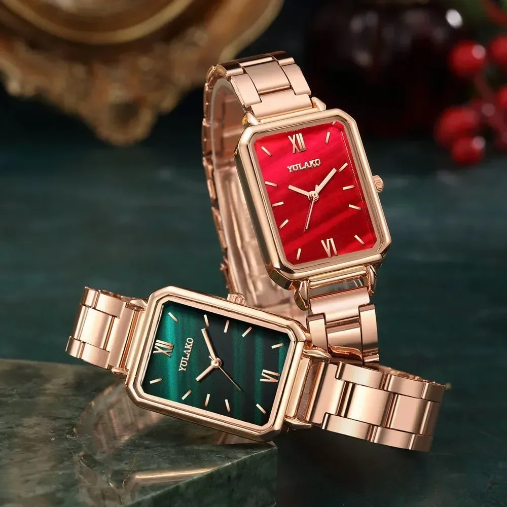 Hot Sale Luxury Ladies Wrist Watch Classic Square Green Watch Quartz Fashion Analog Mesh Stainless Steel Women Clock