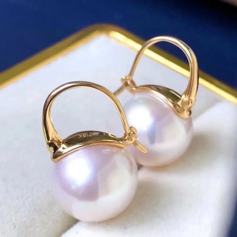 huge Authentic masterpieces Japanese seawater white akoya pearl AAA 13-12MM round strong  pearl earrings 18K AU750