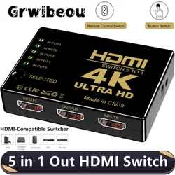 5 Port HDMI Switch 4K 3D HDMI VIdeo Switcher 5 In 1 Out KVM Switches Hub With IR Remote Controller for Xbox PS4 DVD PC Laptop TV