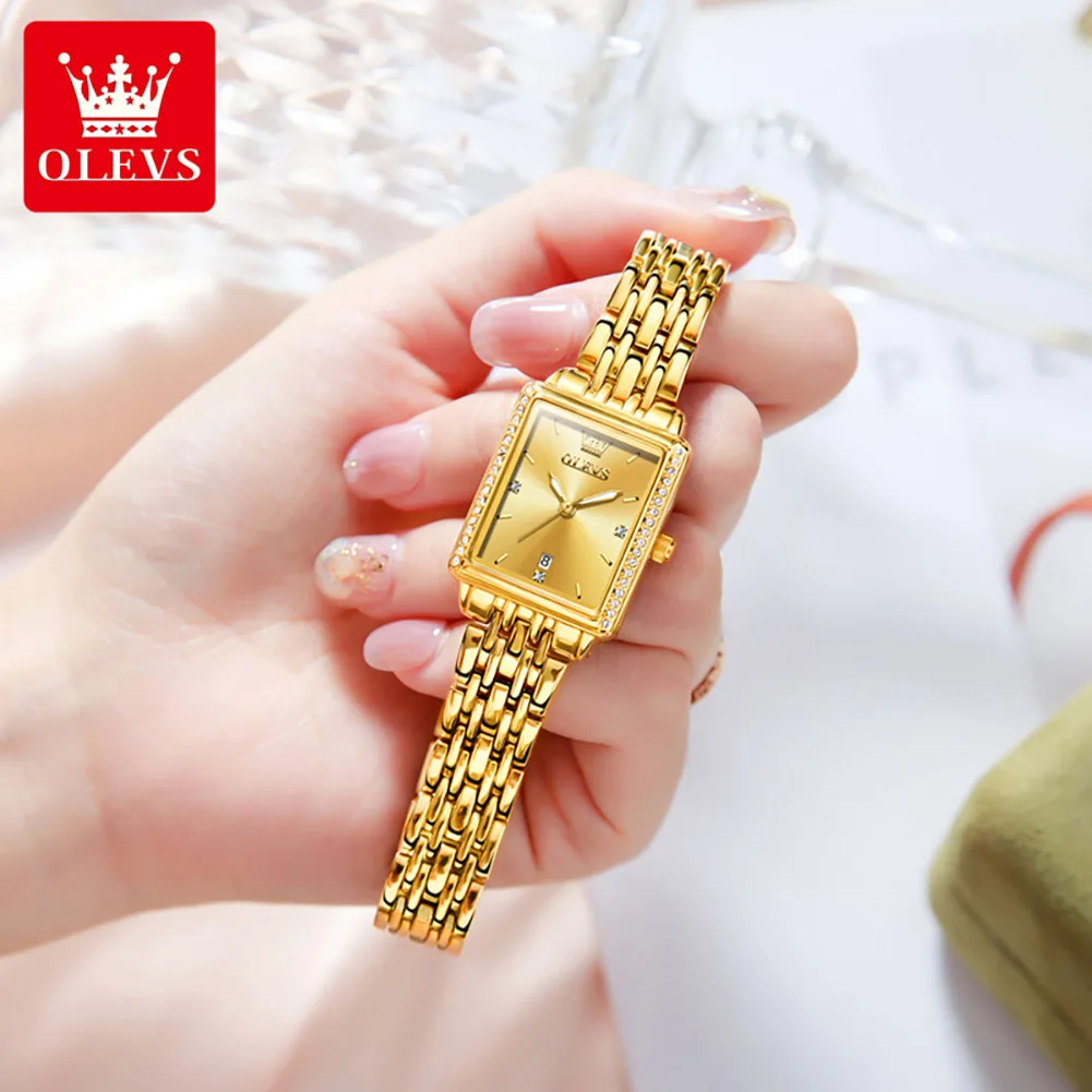 OLEVS 9995 reloj de cuarzo dorado de acero inoxidable para mujer, reloj de pulsera de lujo Rectangular resistente al agua luminoso para mujer con fecha de diamante