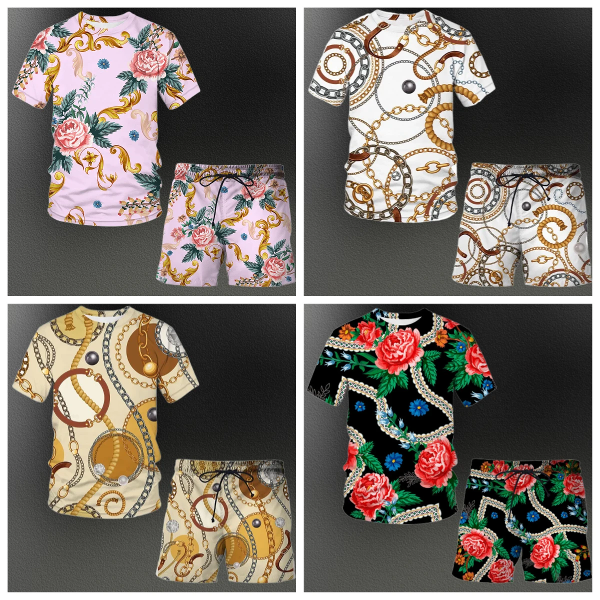 

2025 Summer Vintage Street Clothing 3D Printed Rose Pattern Personalized Loose Breathable Short Sleeve Men's Casual T-Shirt Set