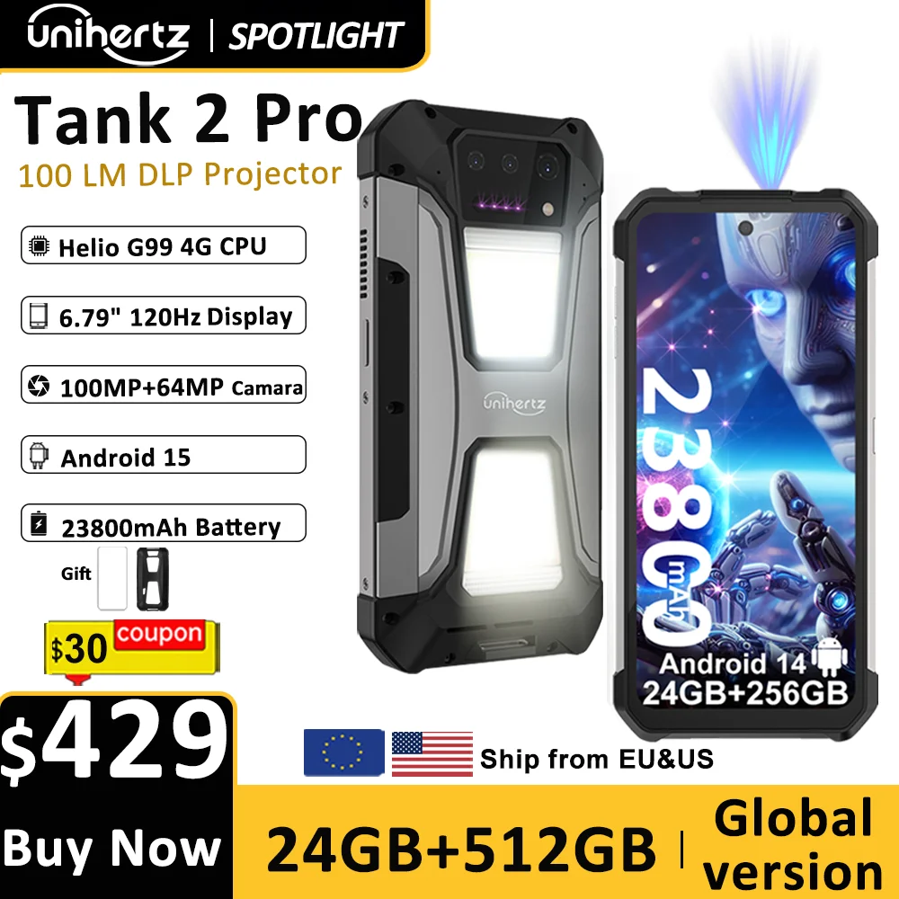 Unihertz Tank 2 PRO 8849 Rugged phones with Projector 2.4K 23800 mAh 24GB+512GB Android 14 100MP NFC 120W G99 Octa Core Dual SIM