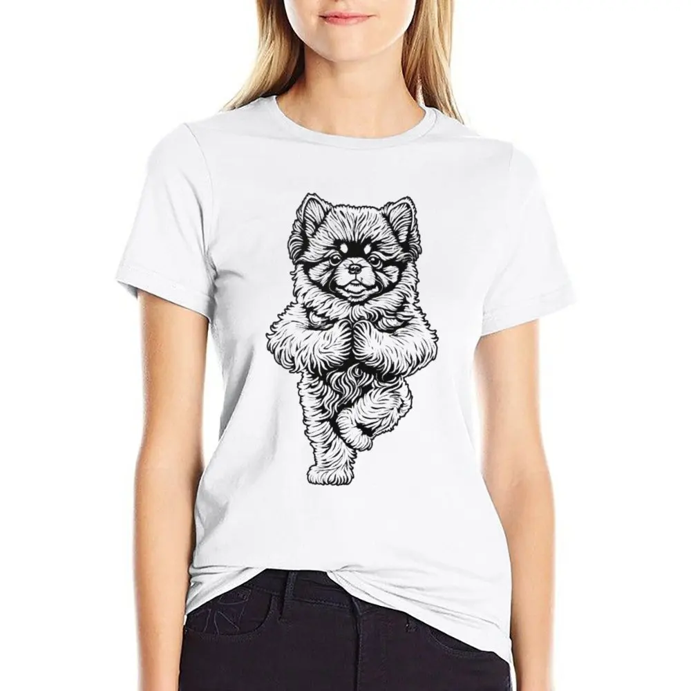 Round Neck Pomeranian Yoga Dog Puppy Funny Tree Pose T-shirt  Motion Top Tee Novelty Novelty Travel