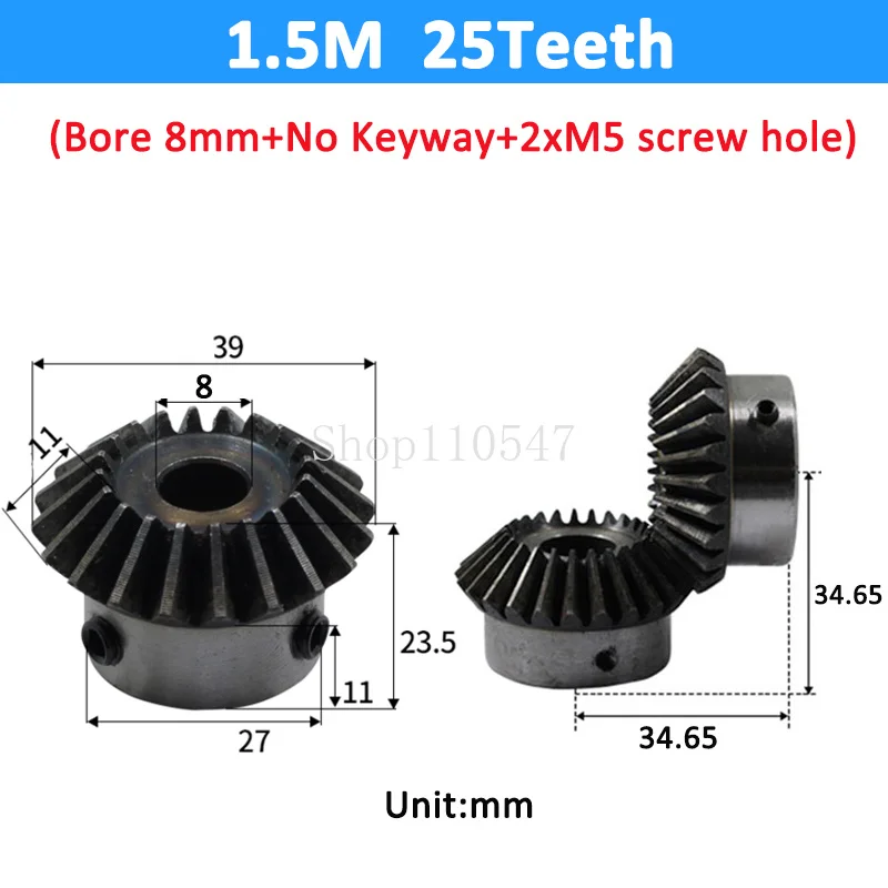 1pc Bevel Gear 1.5M 1216182025 Teeth Bore 681012141516mm Gear 90 Degrees Meshing Angle Steel Gears Screw M5
