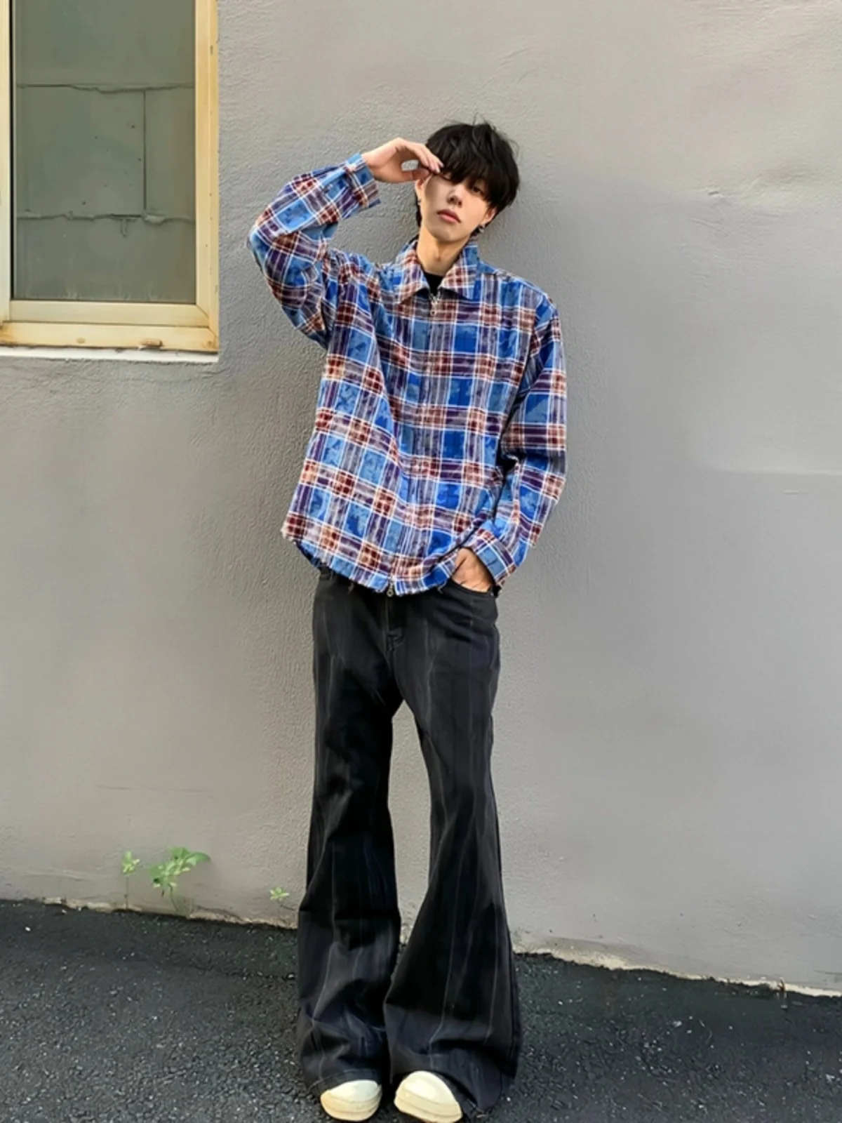 

Мужская весенне-осенняя куртка-рубашка Haome с двойной молнией, в синюю клетку, свободного кроя, из плотной ткани, для подростков