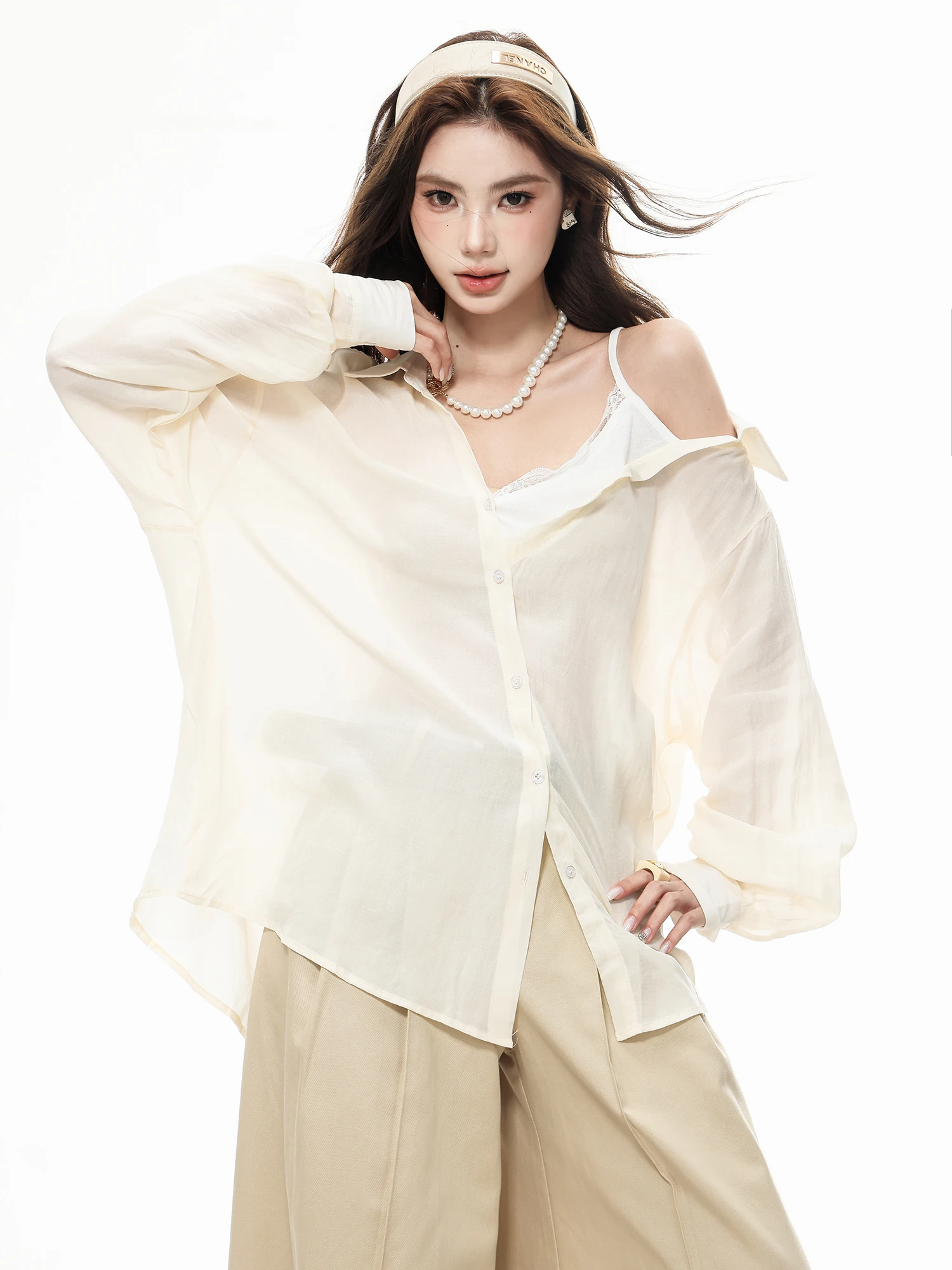 

ABWLR Original Sweet And Spicy Style Shoulder Bared Lace Splicing Fake Two-Piece Shirt Women Design Sensation Chiffon Blouse