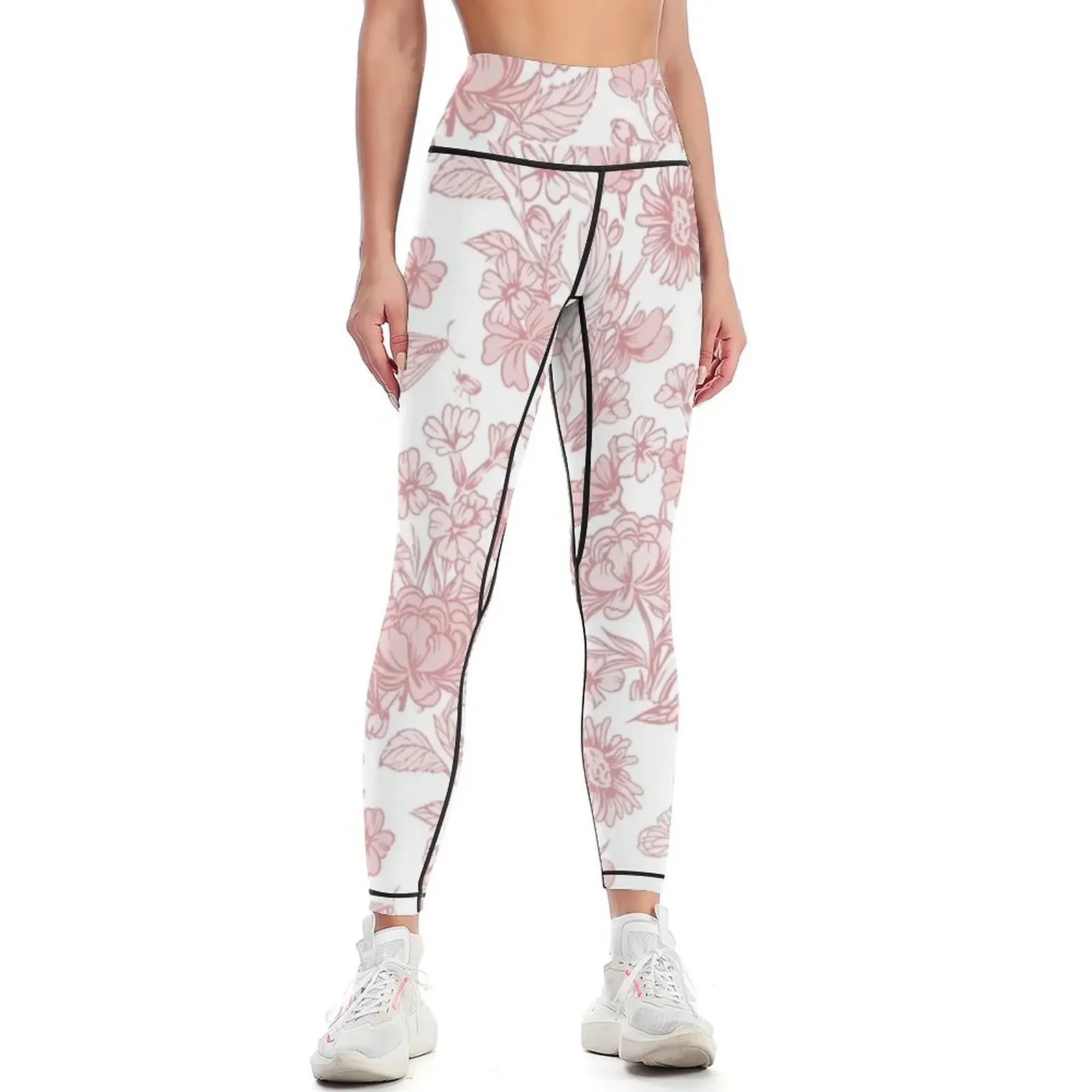 

Monochrome Pink Flower Pattern Leggings active wear push up fitness Womens Leggings