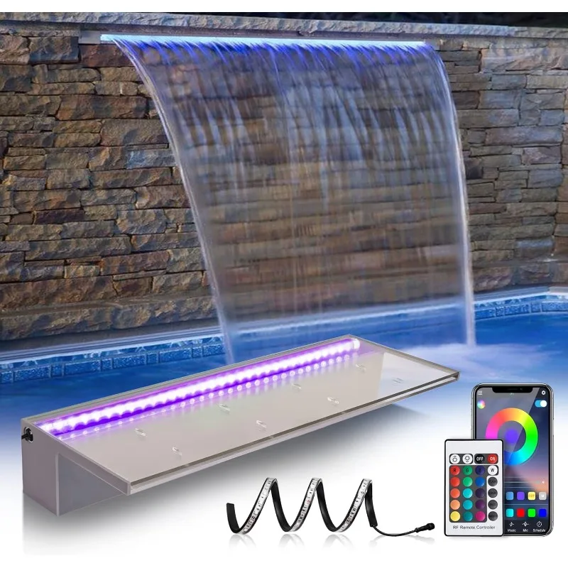 Fountain Spillway Customizable size, Pool Waterfall Fountain 17 Colors Led, Pool Water Fall Kit with Remote Easy Installation