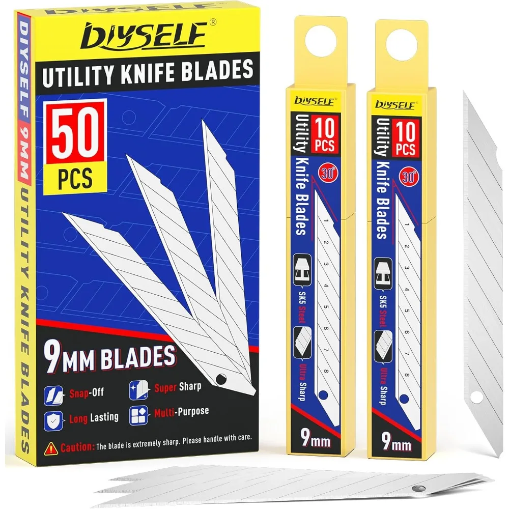 

Utility Knife Blades, 50 Pack Box Cutter Refills for 9mm Snap Blade, High Carbon Steel for Box Cutters, 30 Degrees