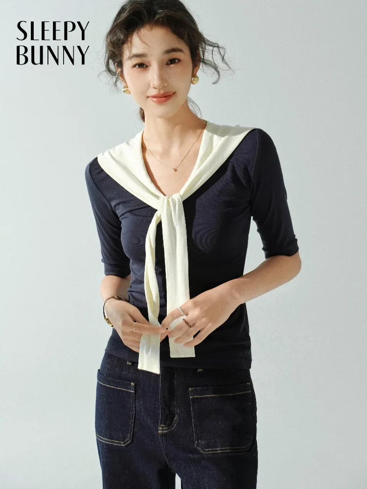 

Элегантная контрастная искусственная футболка из двух предметов, женская эластичная приталенная футболка, шикарная лиоцелловая осенняя повседневная блузка с драпировкой на плечах