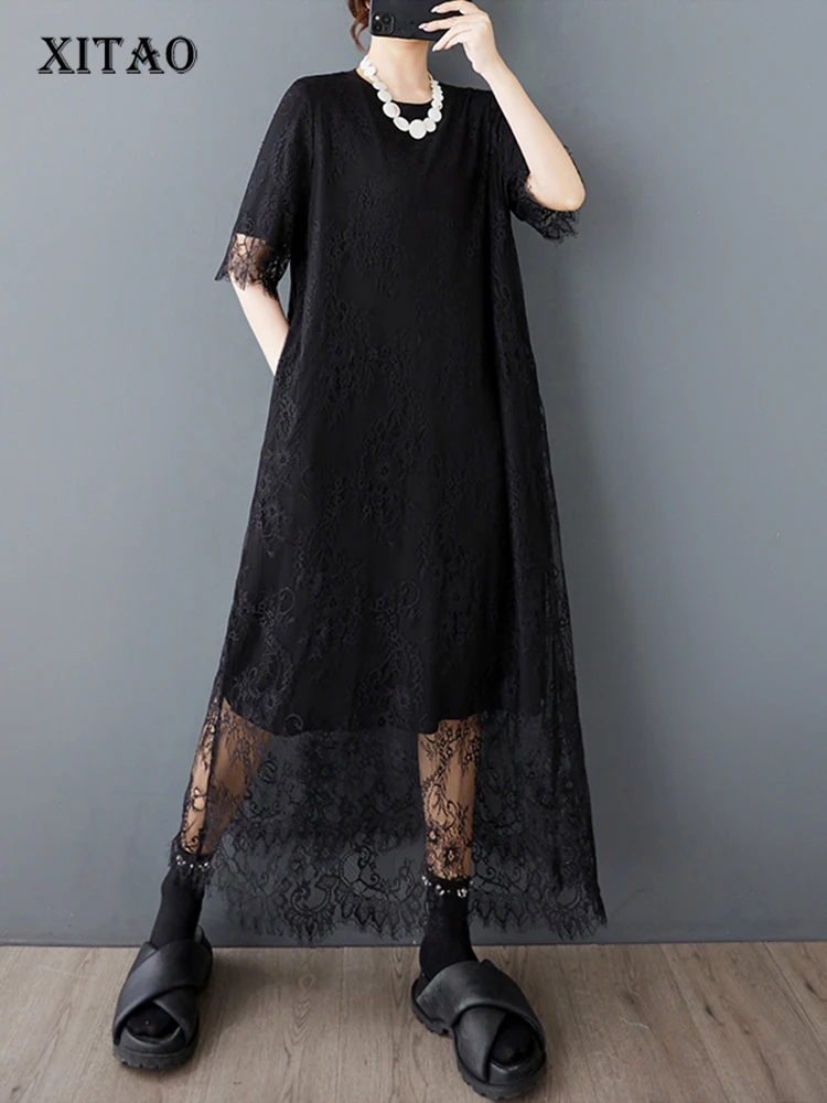 

XITAO Mesh Patchwork O-neck Dress Temperament Elegant Irregular Women Summer Goddess Fan Short Sleeve Women Dress HQQ2477