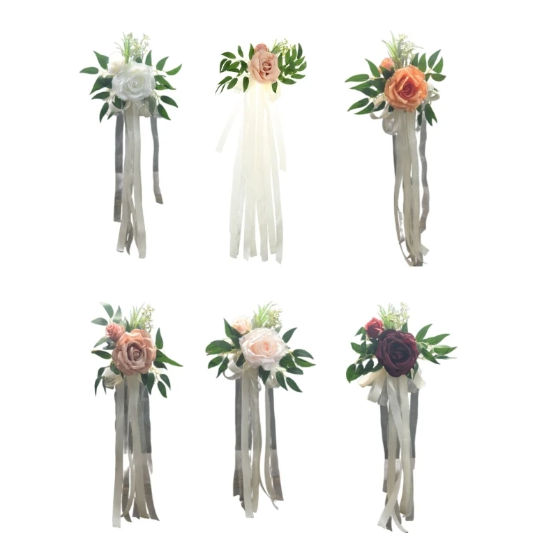 

6 Pieces Chair Back Adornment with Artificial Flower and Ribbons Easy Install Pews Decoration Wedding Accessories