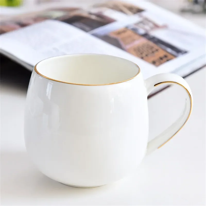 Pure White Brief Ceramic Mug, Bone China, Household Office Coffee Milk Cup with Gold Rim Mark, Drinkware Gift, Porcelain