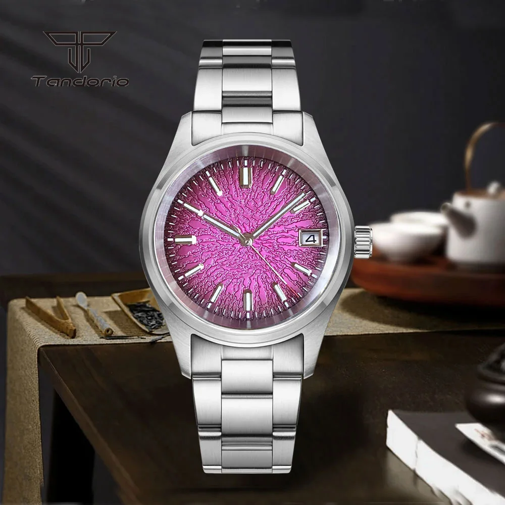 Tandorio Stainless Steel 36mm Pilot Watch Textured Dial Sapphire Japan NH35/Miyota 8215 Date Men's Fashion Diving Wristwatch